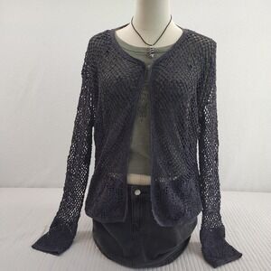 Yessica Open Knit Crochet Cardigan Gray Hook & Eye Closure Lightweight Sweater